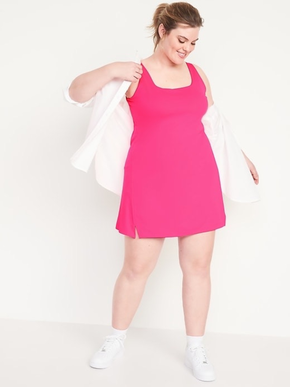 OldNavy PowerSoft Sleeveless Shelf-Bra Support Dress -Neon Petunia Size M Petite